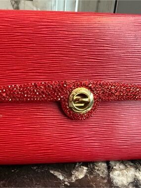 Louis Vuitton Red Epi Crystal-Trim Wristlet Clutch